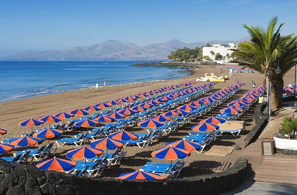 Beach umbrellas on the sandy beach, Playa Grande, Puerto del Carmen, Lanzarote, Canary Islands, Spain, Europe