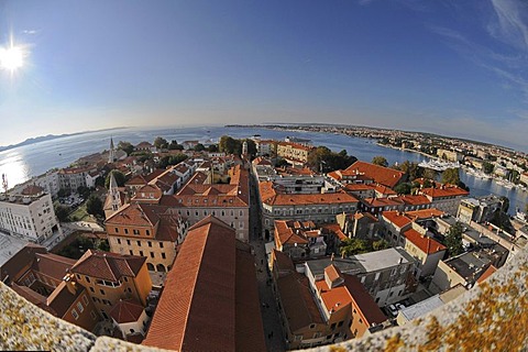 Fisheye, historic town centre, overlooking Zadar from the Campanile of Sveti Stosija, Zeleni Trg, Zadar, Croatia, Europe