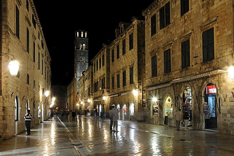 Night, tower, Franciscan Monastery, Placa, Stradun, old town, Dubrovnik, Croatia, Europe