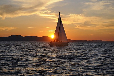 Sunset at sea, sailing ship, Zadar, Croatia, Europe