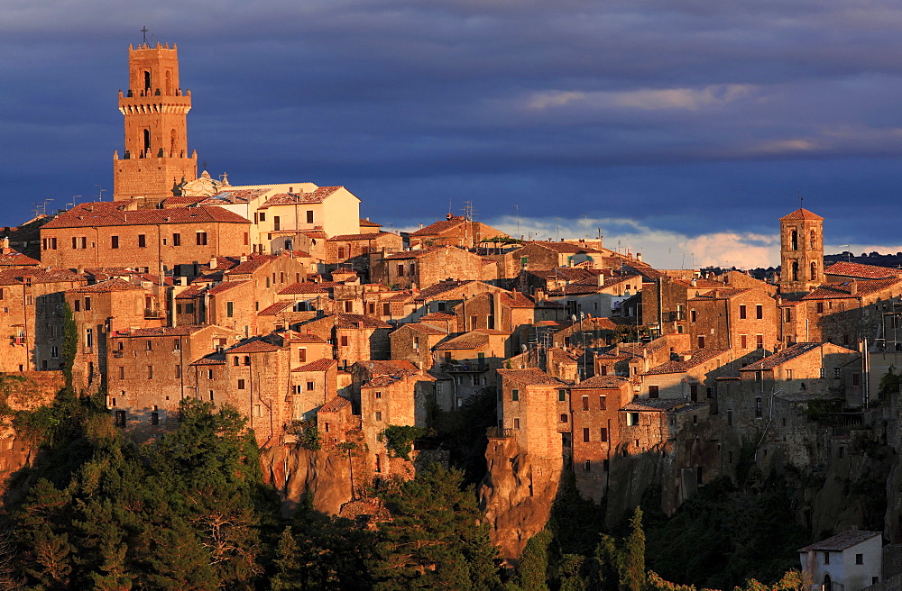 View to medieval town of Pitigliano situated on a volcanic limestone plateau with Campanile on the left, evening light, Maremma, Tuscany, Italy, Europe