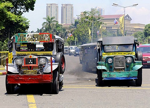 Jeepney taxi with smoke, Manila, Philippines, Southeast Asia