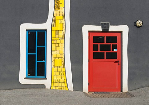 Colourful facade at Rogner Bad Blumau hotel complex, designed by architect Friedensreich Hundertwasser, in spa town Bad Blumau, Styria, Austria, Europe