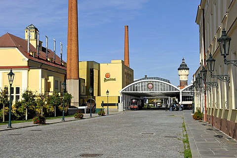 Brewhouses, beer transport, water tower, Pilsner Urquell brewery, Pilsen, Bohemia, Czech Republic, Europe