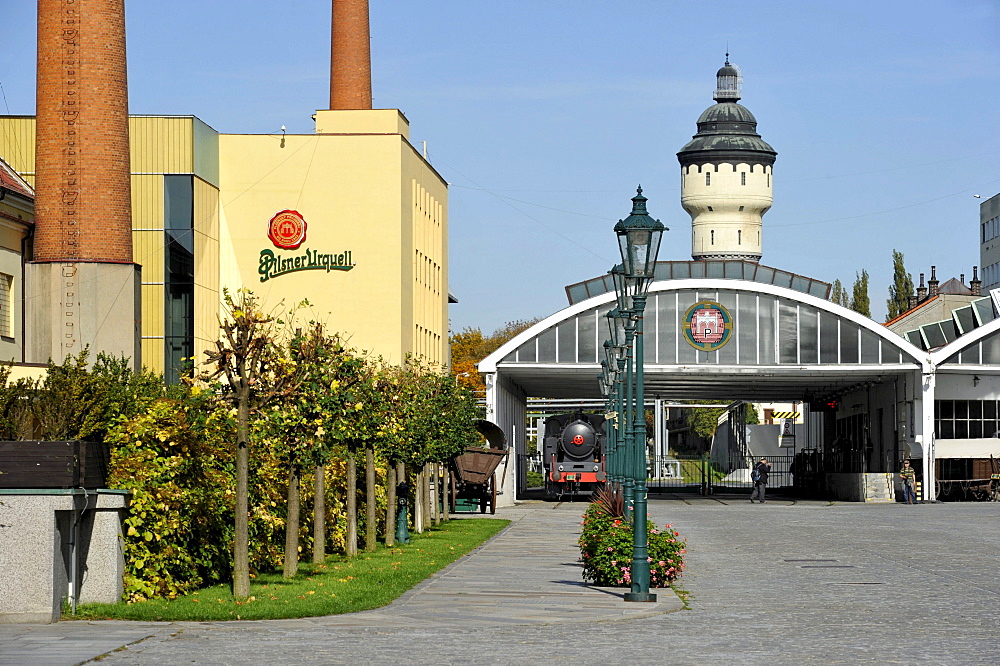 Brewhouses, beer transport, water tower, Pilsner Urquell brewery, Pilsen, Bohemia, Czech Republic, Europe