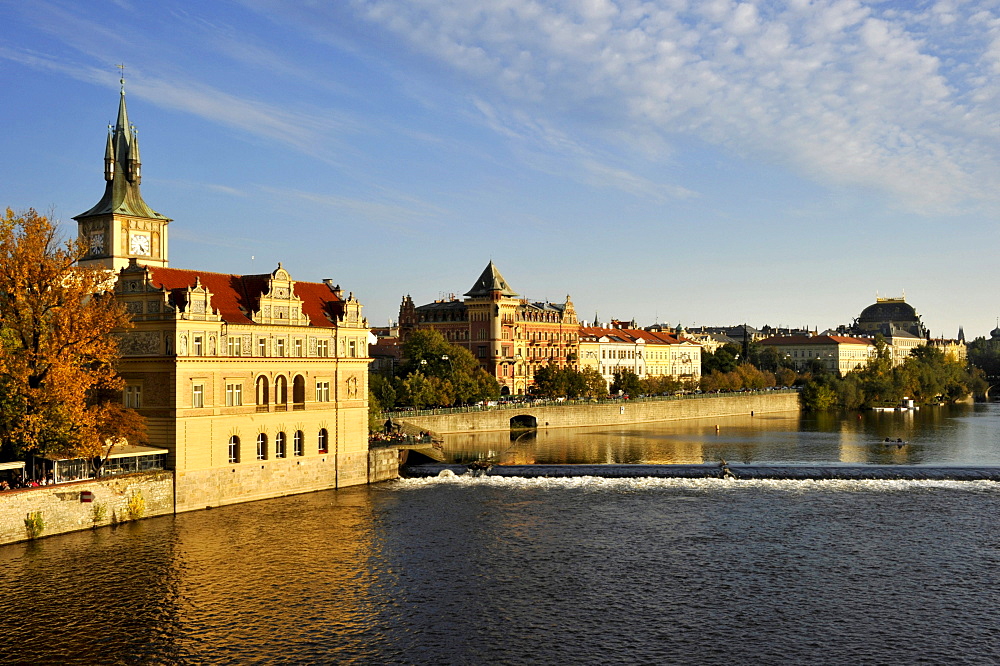 Vltava river, Smetana Museum in the former waterworks, water tower, Smetana quay, Prague, Bohemia, Czech Republic, Europe