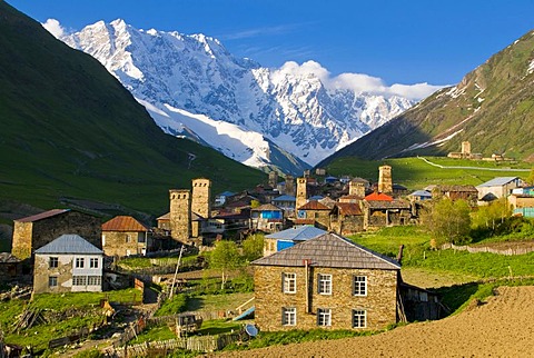 Village of Ushguli, UNESCO World Heritage Site, in front of Shkara Mountain, Svaneti, Caucasus, Georgia, Middle East