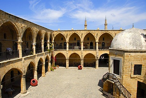 Courtyard of the historic Caravanserai Bueyuek Han with a domed tower, Nicosia, Lefkosa, Turkish Republic of Northern Cyprus, Cyprus, Mediterranean Sea, Europe