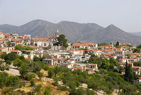 Overlooking the village with church spire and minaret, Pano Lefkara, Southern Cyprus, Republic of Cyprus, the Mediterranean, Europe