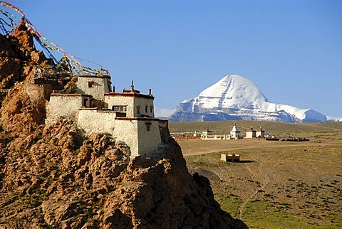 Tibetan Buddhism, monastery on the mountain slope, rocks, Chiu Gompa, snow-covered sacred Mount Kailash, south side with channel, Gang-Tise-Mountains, Trans-Himalaya, Himalayas, Tibet Autonomous Region, People's Republic of China, Asia