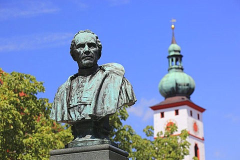 Monument of Johann Andreas Schmeller in front of the Parish Church of the Assumption, Tirschenreuth, Upper Palatinate, Bavaria, Germany, Europe