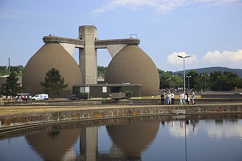 Modern sewage treatment plant, view over a clarifier on digester towers, Kulmbach, Bavaria, Germany, Europe