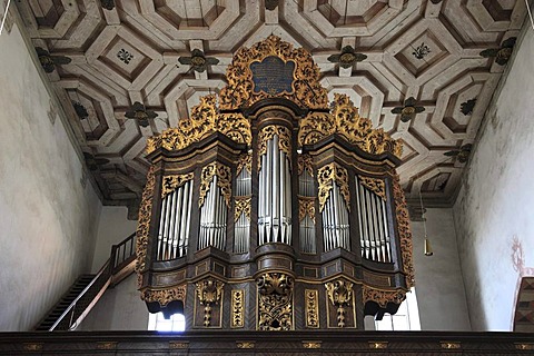 Organ in the nave of the Carmelite monastery, Bad Neustadt an der Saale, Landkreis Rhoen-Grabfeld district, Lower Franconia, Bavaria, Germany, Europe