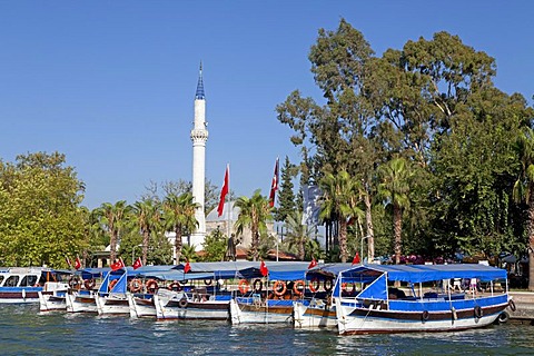 Boats and minaret, Dalyan, Dalyan Delta, Turkish Aegean, Turkey