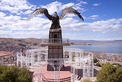 Condor statue at a lookout point over the city, Puno, Peru, South America