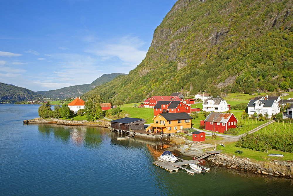 Colourful wooden houses at Sognefjord at Sogndal, Norway, Scandinavia, Europe