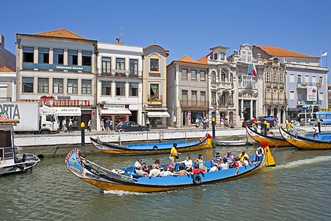 Colourful excursion boats in Aveiro, Costa de Prata, Portugal, Europe