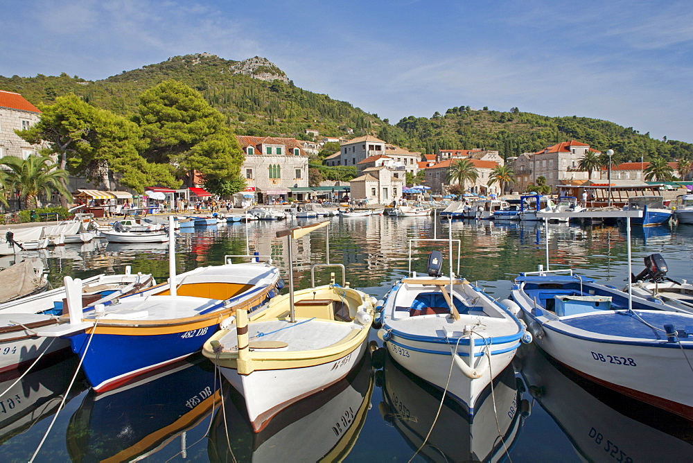 Harbour of Lopud town on Lopud Island near Dubrovnik, Elaphiti or Elafiti islands, Southern Dalmatia, Adriatic Coast, Croatia, Europe