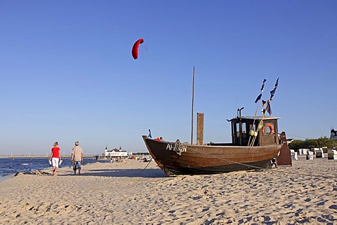 Fishing boat on the beach of Ahlbeck, Usedom island, Baltic Sea, Mecklenburg-Western Pomerania, Germany, Europe