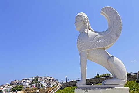 Statue of a sphinx at the harbour, Naxos town, Naxos island, Cyclades, Aegean Sea, Greece, Europe