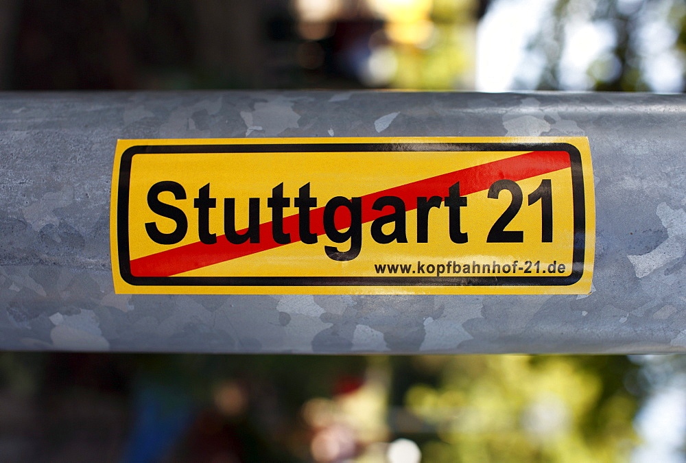 Stuttgart 21 protest sticker on a lamp-post, Stuttgart, Baden-Wuerttemberg, Germany, Europe