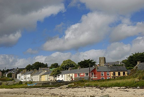 Big shower clouds over an Irish village with row of houses, Rathmullan, County Donegal, Ireland, Europe