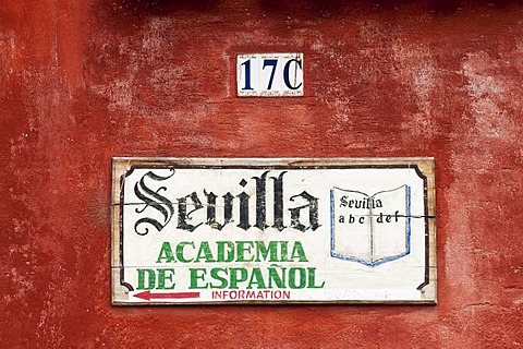 Sevilla Academia de Espanol, Spanish school sign, Antigua, Guatemala, Central America