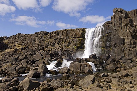 Oxararfoss waterfall on Mid-Atlantic Rift, Thingvellir National Park, Iceland, Europe