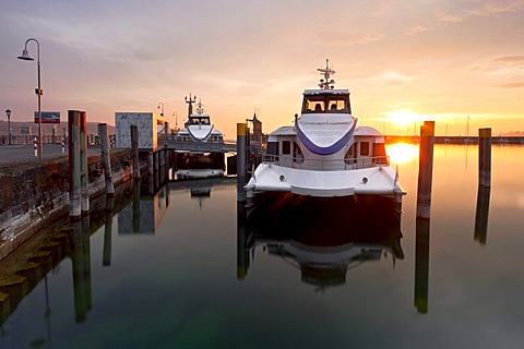 Konstanz harbour with catamarans in the early morning, Lake Constance, Baden-Wuerttemberg, Germany, Europe