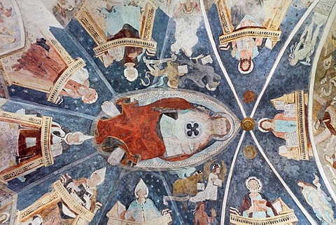 Church, the Trinitarian "three-headed" Jesus on the ceiling of the choir, Lavin, Lower Engadine, Grisons, Switzerland, Europe