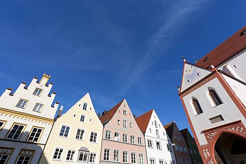 Houses in the Ludwigstrasse street and parish church, Landsberg am Lech, Bavaria, Germany, Europe