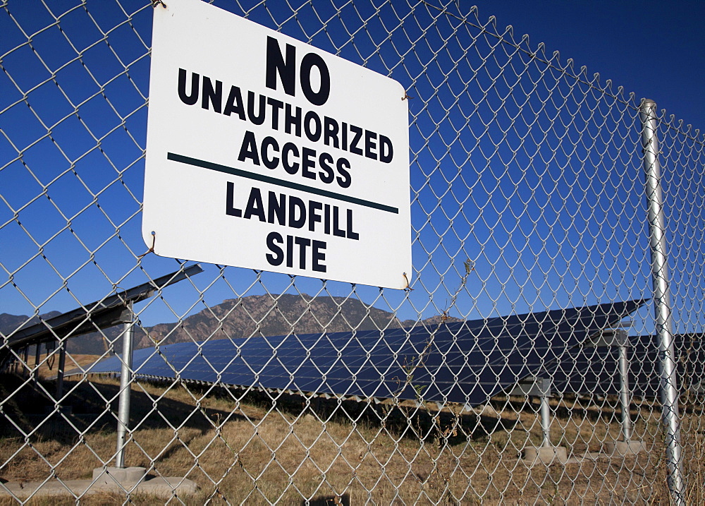 A solar photovoltaic facility, built on top of a former landfill at the U.S. Army's Fort Carson uses contaminated land to generate renewable energy and generates 3, 200 megawatt-hours of power every year, Colorado Springs, Colorado, USA