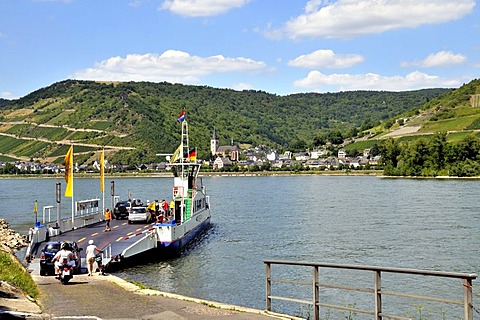 Car ferry from Niederheimbach, Rhineland-Palatinate, to Lorch on the other side of the Rhine River, UNESCO World Heritage Cultural Landscape Upper Middle Rhine Valley, Hesse, Germany, Europe