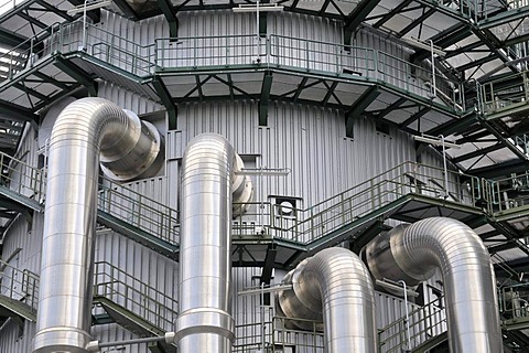 Manifolds, cooling tower, EVONIK STEAG coal power plant Walsum, Duisburg, Ruhrgebiet region, North Rhine-Westphalia, Germany, Europe