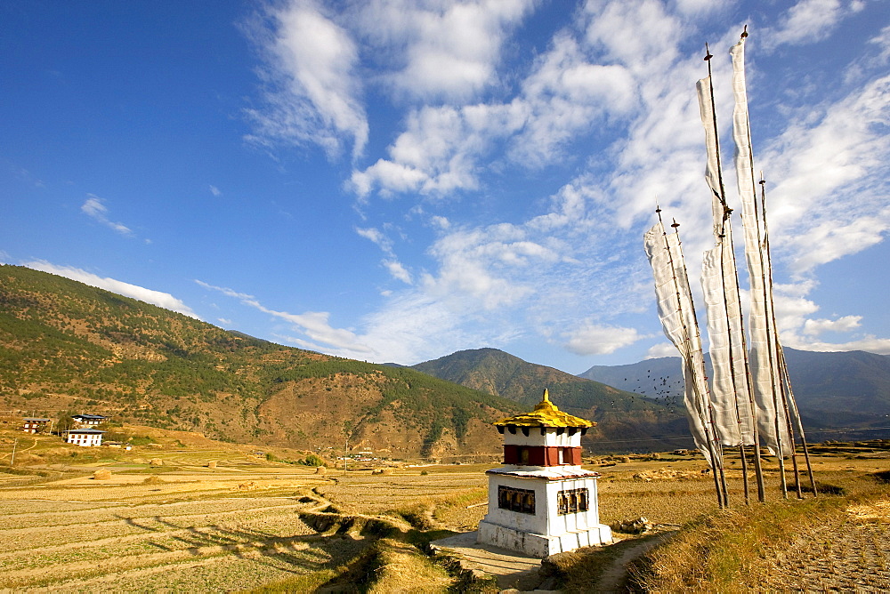 Landscape near Lhakhang temple, Chorten and prayer flags, Punakha, Bhutan, Kingdom of Bhutan, South Asian