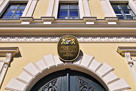 Sign, Bavarian Ministry of the Interior, Odeonsplatz square, Munich, Bavaria, Germany, Europe