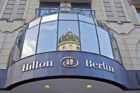 Hilton Hotel, Berlin, German Cathedral mirrored in windows, Mitte district, Berlin, Germany, Europe