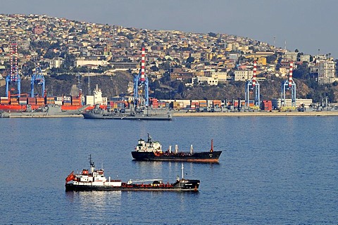 Cargo ships, port, seaport, Valparaiso, Chile, South America