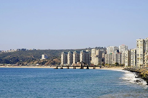 Pacific Ocean, beach, coast, high-rise buildings, resort, Vina del Mar, Chile, South America