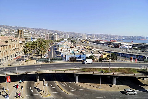 Streets, traffic, bridge, port, city panorama, Valparaiso, Chile, South America