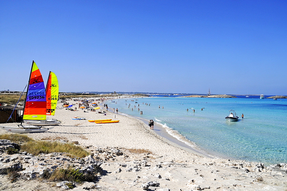 Windsurfing, sailing boats, sails, Platja de Ses Illetes beach, Mediterranean, La Savina, Formentera, Pityuses, Balearic Islands, Spain, Europe