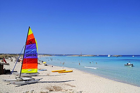 Windsurfing, sailing boats, sails, Platja de Ses Illetes beach, Mediterranean, La Savina, Formentera, Pityuses, Balearic Islands, Spain, Europe