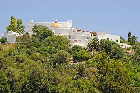 Puig de Missa, church and monastery on a hill above the town of Santa Eularia des Riu, Ibiza, Pityuses, Balearic Islands, Spain, Europe