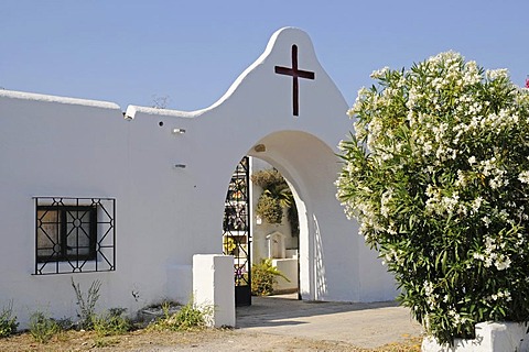 Entrance, cross, church, monastery, Puig de Missa mountain, Santa Eulalia des Riu, Ibiza, Pityuses, Balearic Islands, Spain, Europe