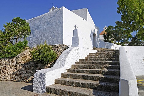 Stairs, church, monastery, Puig de Missa mountain, Santa Eulalia des Riu, Ibiza, Pityuses, Balearic Islands, Spain, Europe