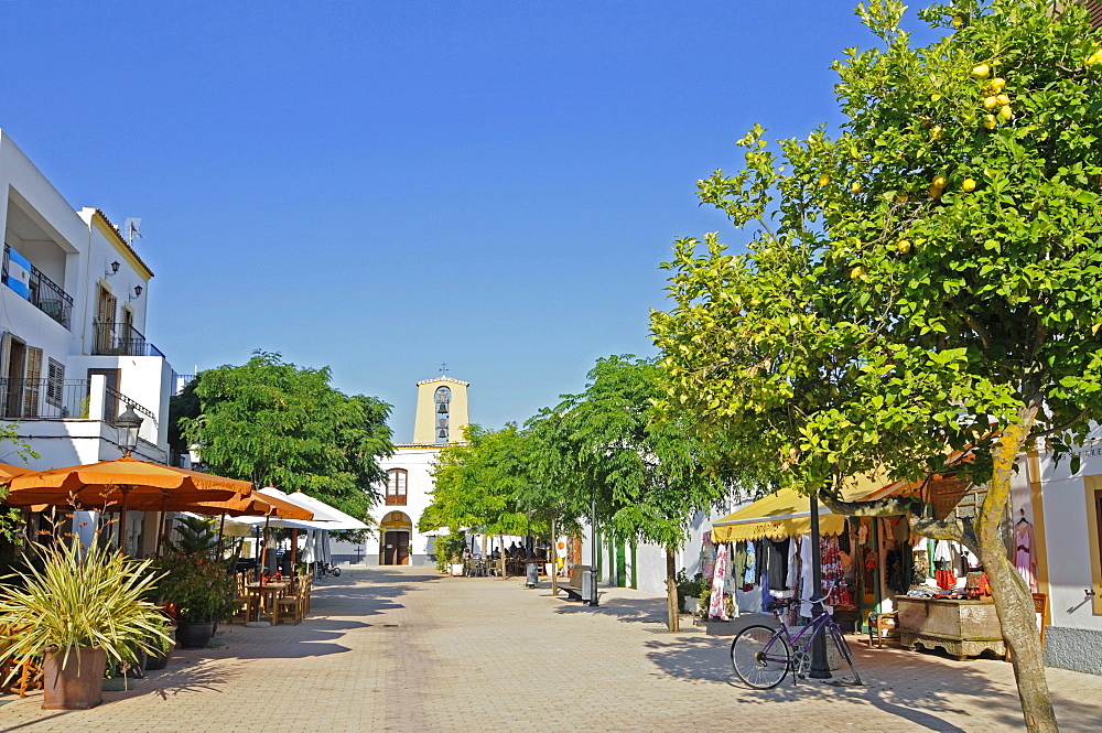 Pedestrian zone, sidewalk cafe, shops, church, Santa Gertrudis de Fruitera, Ibiza, Pityuses, Balearic Islands, Spain, Europe