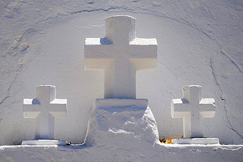 Three white crosses, church, monastery, Puig de Missa mountain, Santa Eulalia des Riu, Ibiza, Pityuses, Balearic Islands, Spain, Europe