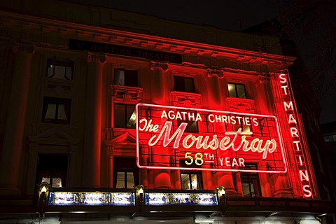 Agatha Christie's play "The Mousetrap", St. Martin's Theatre at night, London, England, United Kingdom, Europe