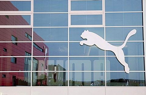 Company logo at the headquarters of the sports goods manufacturer PUMA AG, Herzogenaurach, Bavaria, Germany, Europe