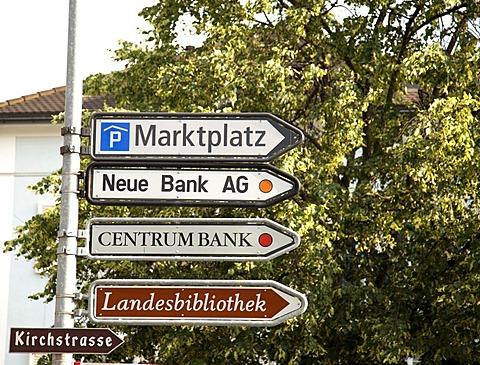 Signposts at the financial centre Vaduz, Principality of Liechtenstein, Europe